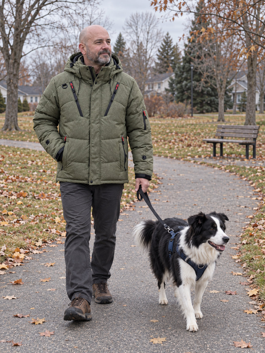 Man in a green jacket on a path in the fall