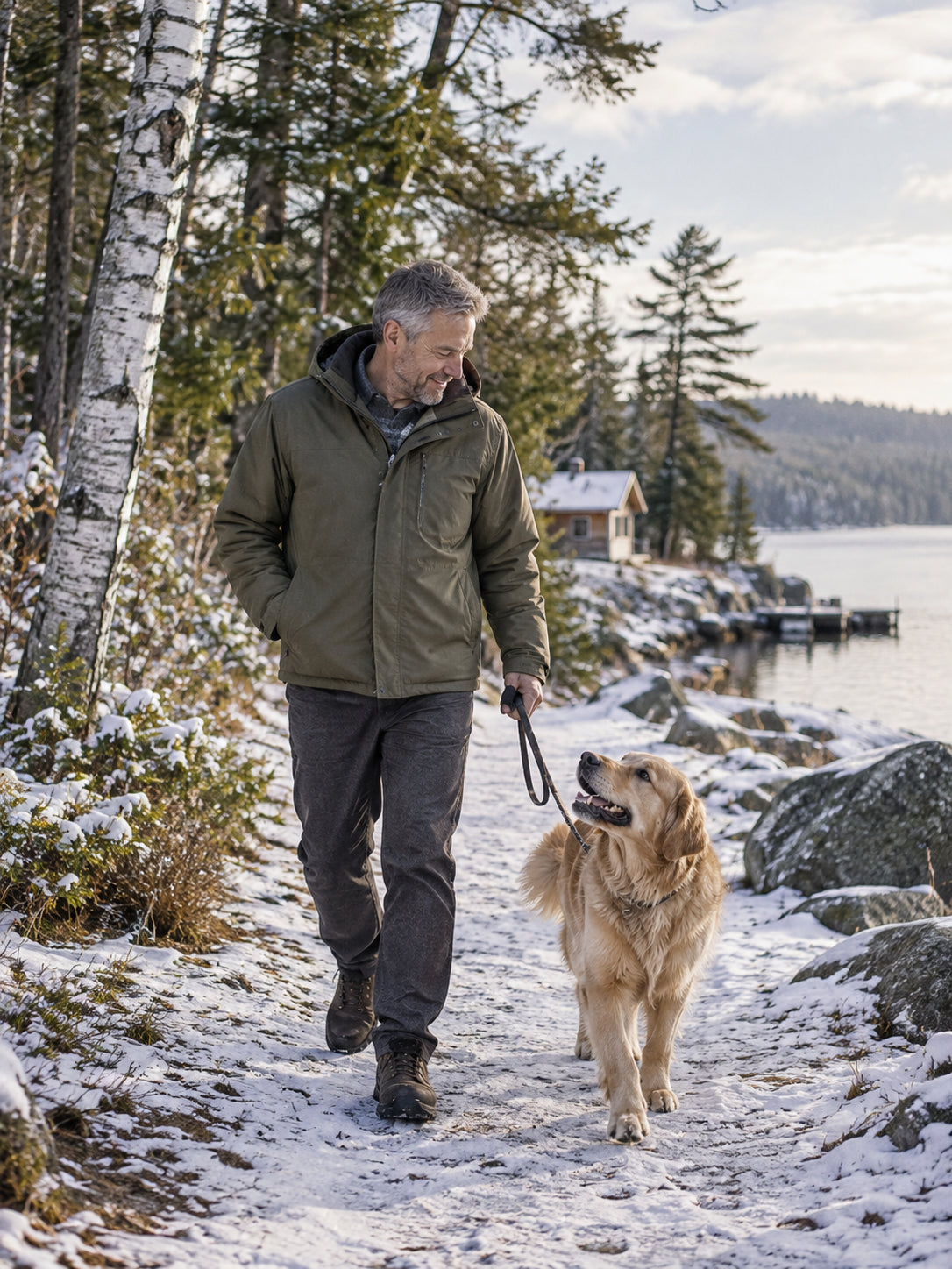 Man in a fleece-lined jacket by a lake in the fall