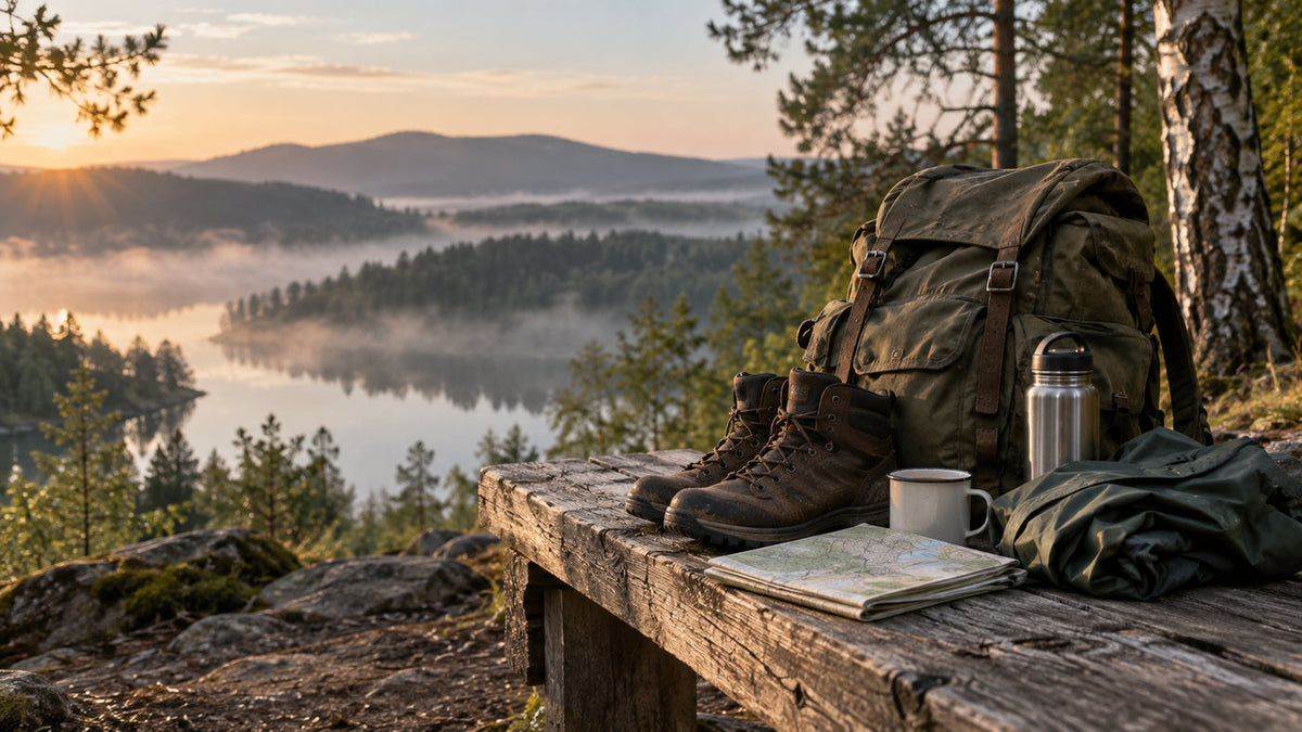 Backpack, boots and a map on a bench above a misty lake