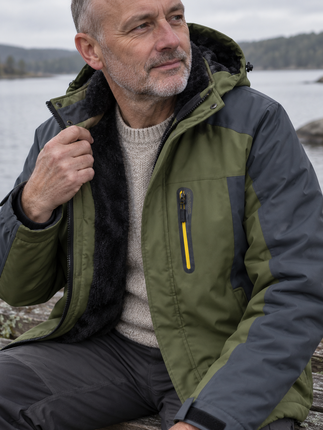 Man in a green and grey fleece-lined jacket sitting by a lake