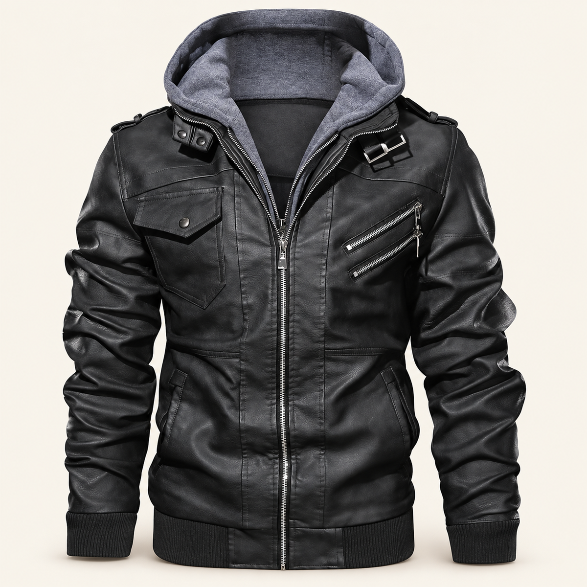 Prairie Men's Faux Leather Jacket, Detachable Hood, view 2