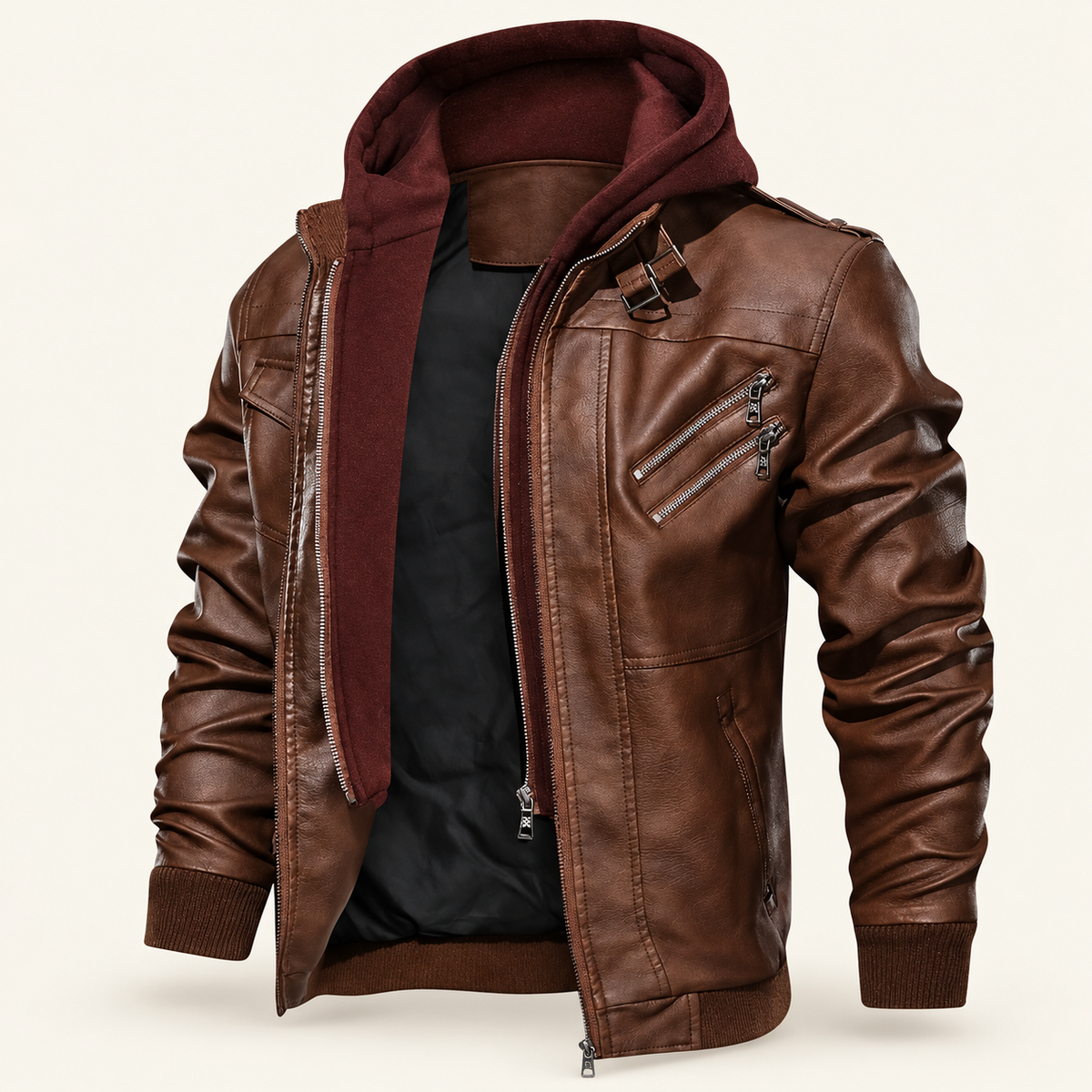 Prairie Men's Faux Leather Jacket, Detachable Hood, view 1